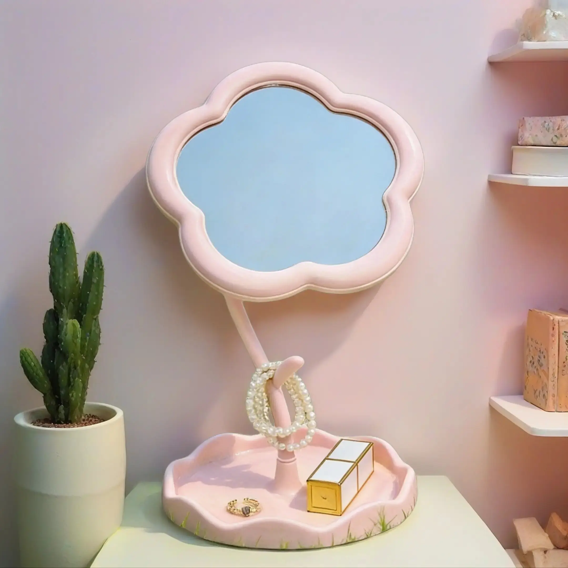 Floral Pattern Glass Makeup Vanity Mirror with Adjustable Stand, Portable Polished Plastic Frame, Decorative Mirror, Cosmetic Mirror, Ideal for Dressing Table, Bedroom, Bathroom Decor, Home Decor Mirror