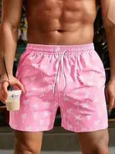 Men's Regular Fit Palm Tree Print Boxer Brief Swim Shorts, Casual Comfy Breathable Swim Shorts for Summer, Men's Swimwear for Beach Vacation, Swimming Shorts