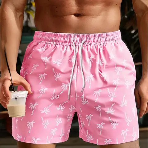 Men's Regular Fit Palm Tree Print Boxer Brief Swimsuit Shorts, Casual Comfy Breathable Swim Shorts for Summer, Men's Swimwear for Beach Vacation, Swimming Shorts, Bathing Shorts