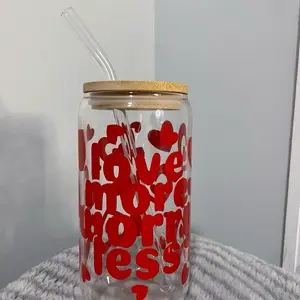 Love More Worry Less 16oz Libby Beer Can Glass With Bamboo Lid Valentines Day