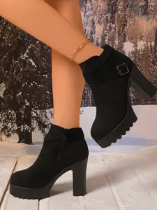 Women's Minimalist Buckle Decor Side Zip Thick Sole Winter Boots, Slouchy Boots, Fashionable Comfortable Daily Wear, Multiple Sizes Available