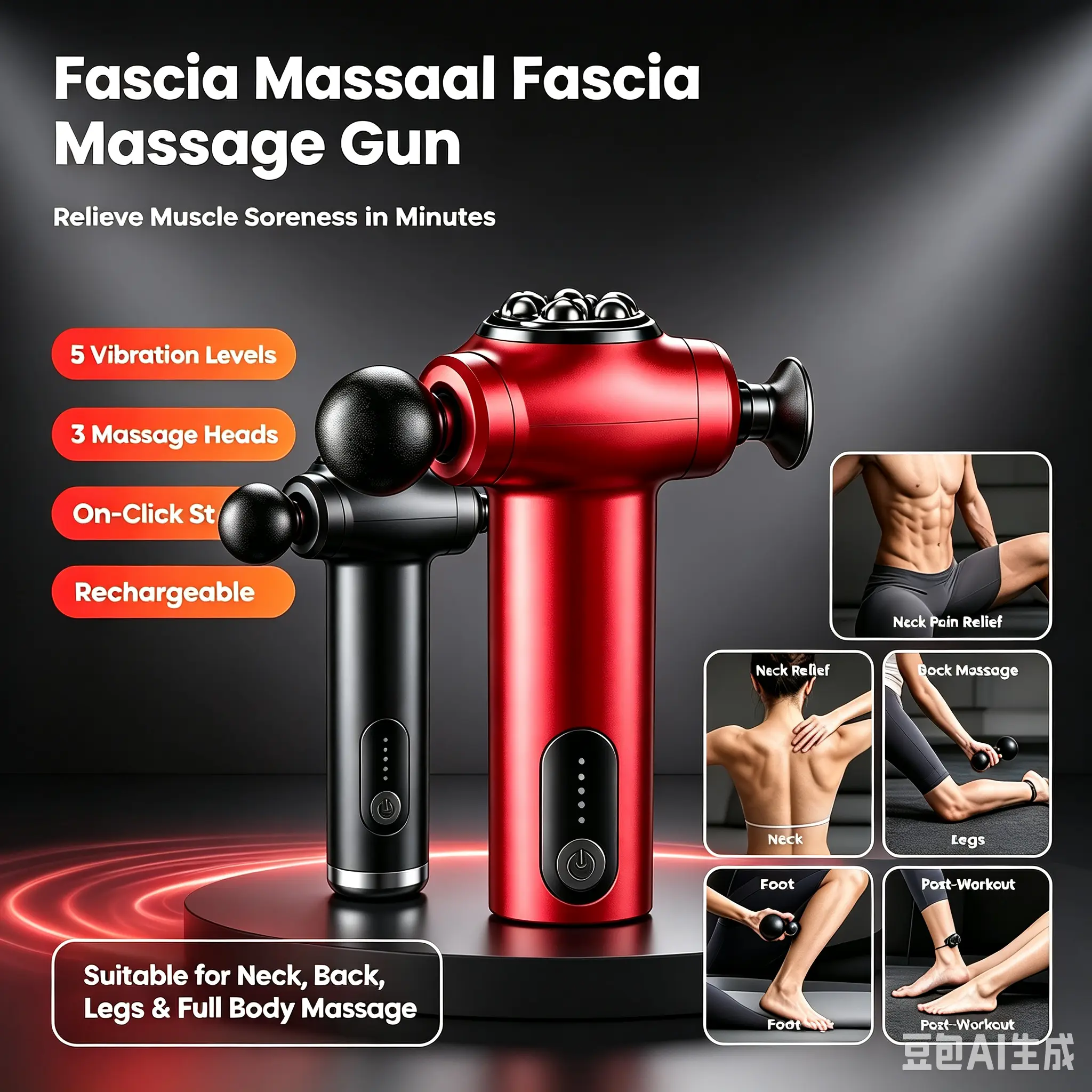 Fascia Massage Gun、Deep Tissue Massager、Muscle Relief、Percussion Massager、Abdominal Massager、Waist Sculpting、Bloating Relief、Rotating Magnetic Beads、Rechargeable Massage Gun、Full Body Massager