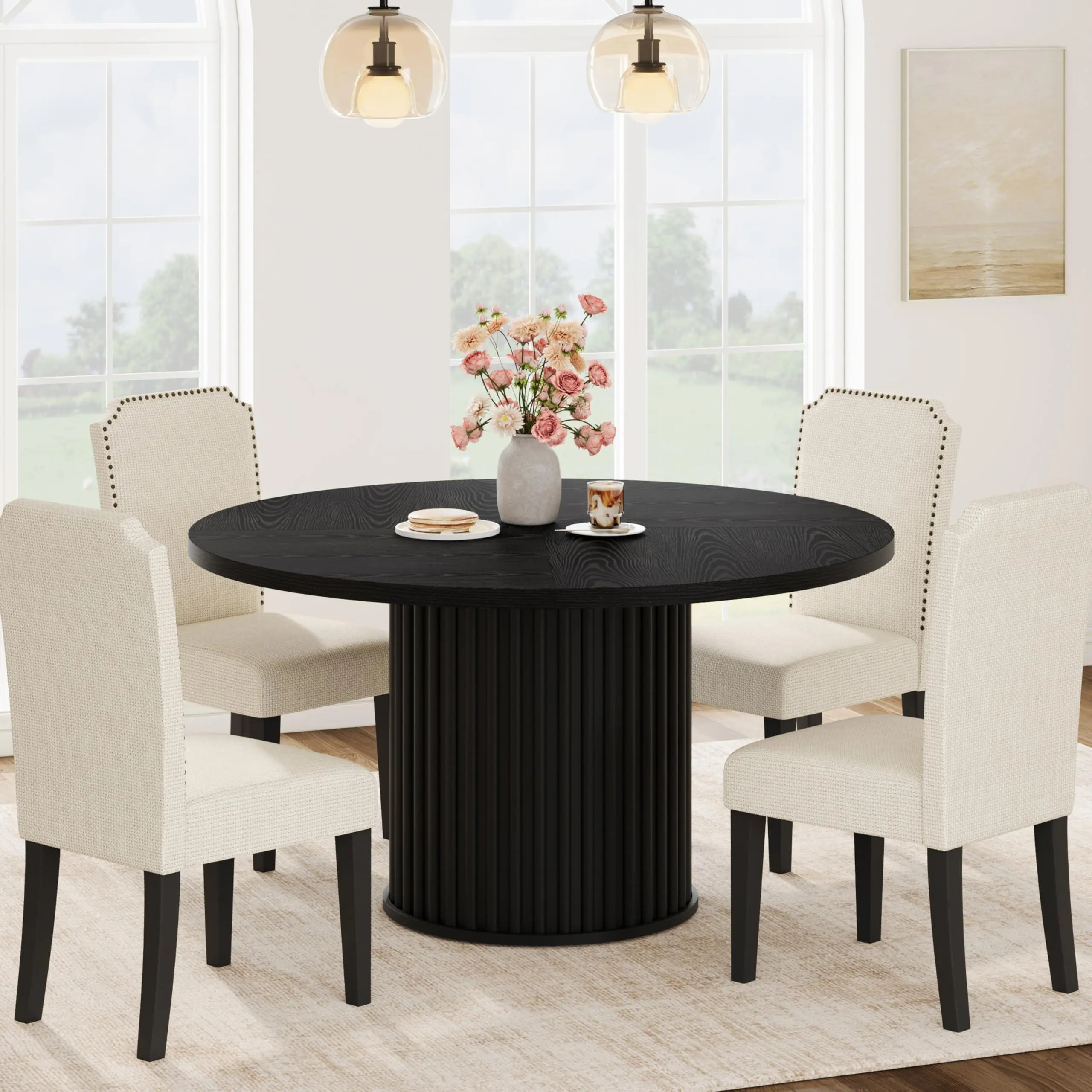 GAOMON 47Inch Round Dining Table for 4-6 People, Black Dining Room Table with Sturdy Waveform Metal Pedestal Base, Industrial Circle Kitchen Table for Dining Room, Kitchen