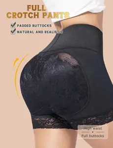 Women's Full Crotch Padded Butt Lifter Shapewear, High Waist Slim Waist Trainer, Lace Design, Elastic Foam Pads, Natural Look, S-XXXL