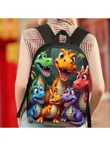 1pc 17-inch Dinosaur Backpack with Water Bottle Holder - Lightweight Durable Polyester Casual Backpack for School, Work, Travel, Picnic - Adjustable Straps, Vibrant Cartoon Print, Unisex Gift for Christmas, Father’s Day, Thanksgiving, Halloween