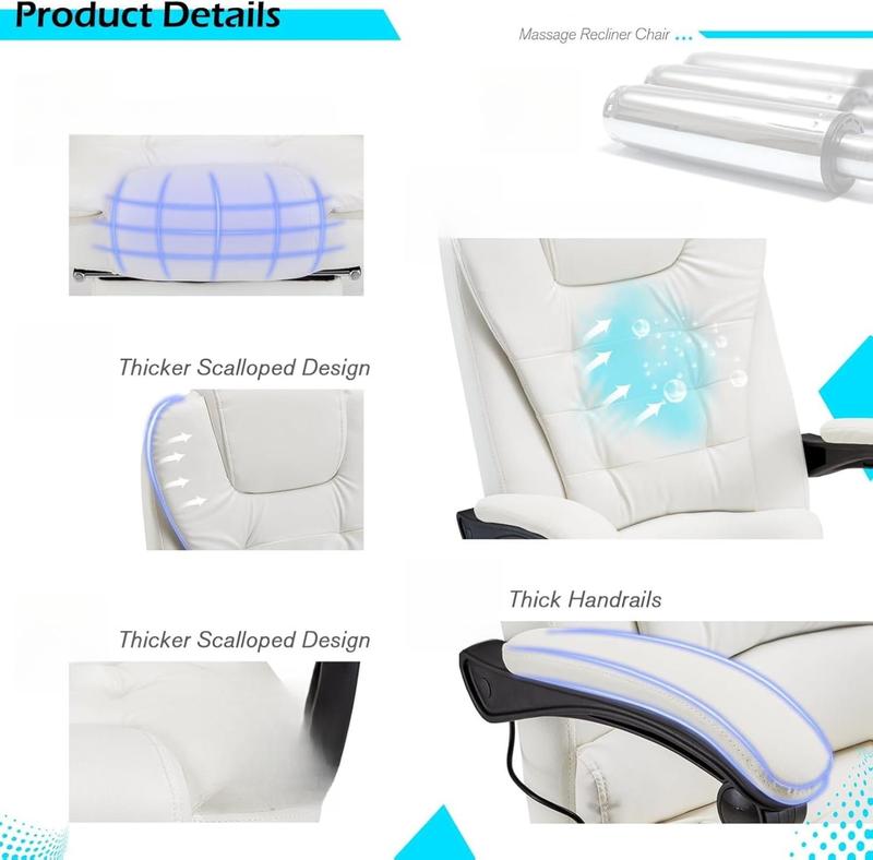 Aecojoy Office Chair with 7 Point Vibrating Massage & Heat Functions, Ergonomic Recliner Chair with Footrest, PU Leather Wide Computer Chair Executive Chair with High Back Lumbar Support, Cream White