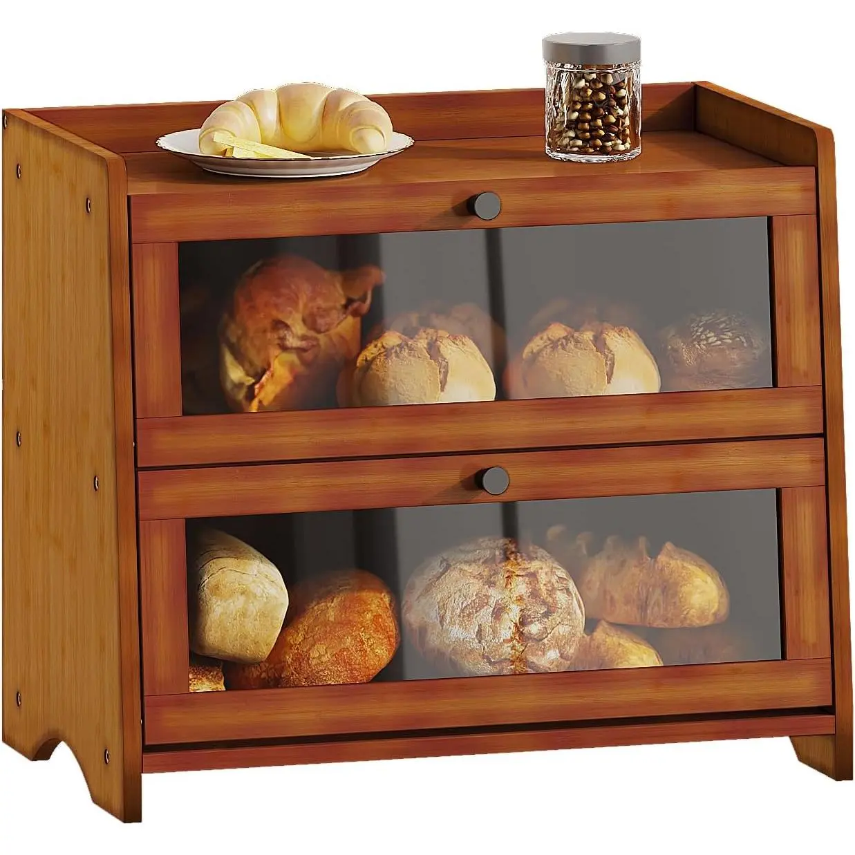 Bread Box for Kitchen Countertop,   Bread Storage Container for Homemade Bread, Double Layer Sourdough Breadox, Bread Bin Organizer for Counter Cabinet Pantry, Brown