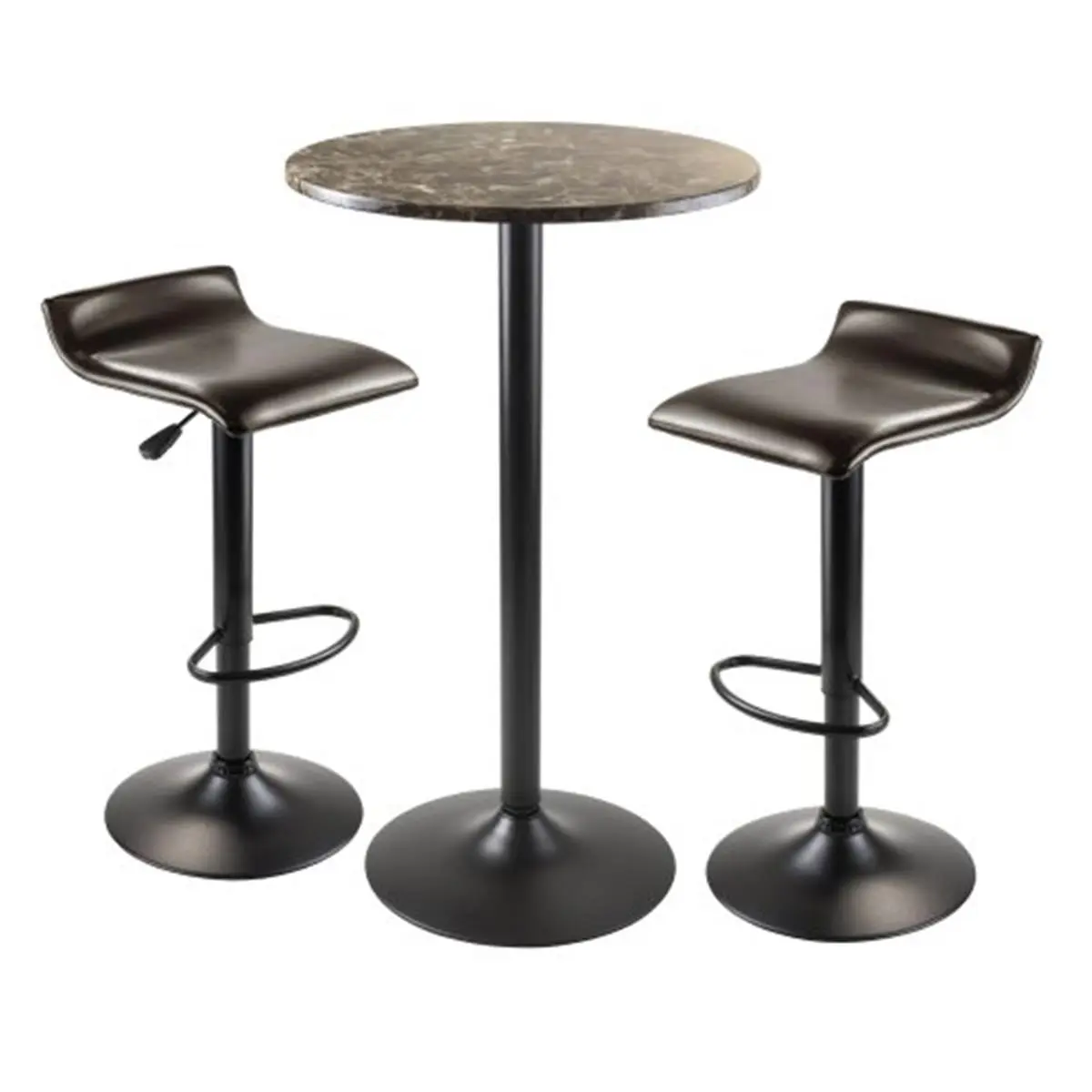 CORA 3pc Round Table Set with 2 Adjustable-Height PU Leather Swivel Stools - Black Easy-Setup 2-Seat Indoor Home Bar Furniture by Winsome Trading, Dining Set