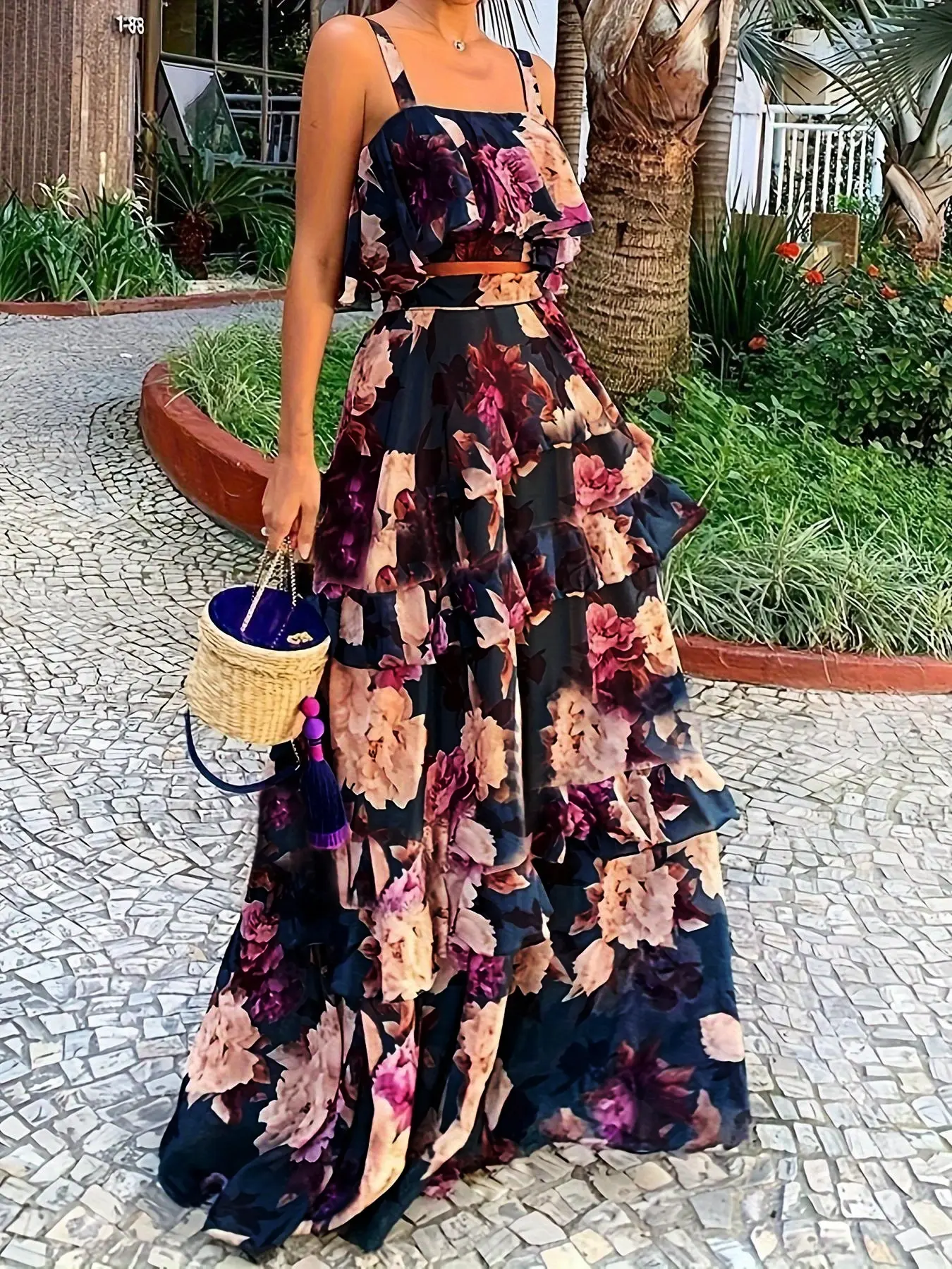 Two-Piece Women's Vivid Floral Print Ruffle Trim Fitted Crop Sleeveless Spaghetti Strap Cami Top & Tiered Layer Skirt Set, Boho Top & High-Waisted Skirt for Beach & Wedding Guest, Bohemian Aesthetic Summer Clothes, Cropped