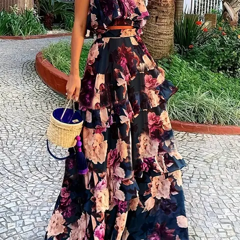 Two-Piece Women's Vivid Floral Print Ruffle Trim Fitted Crop Sleeveless Spaghetti Strap Cami Top & Tiered Layer Skirt Set, Boho Top & High-Waisted Skirt for Beach & Wedding Guest, Bohemian Aesthetic Summer Clothes, Skirt Top Sets