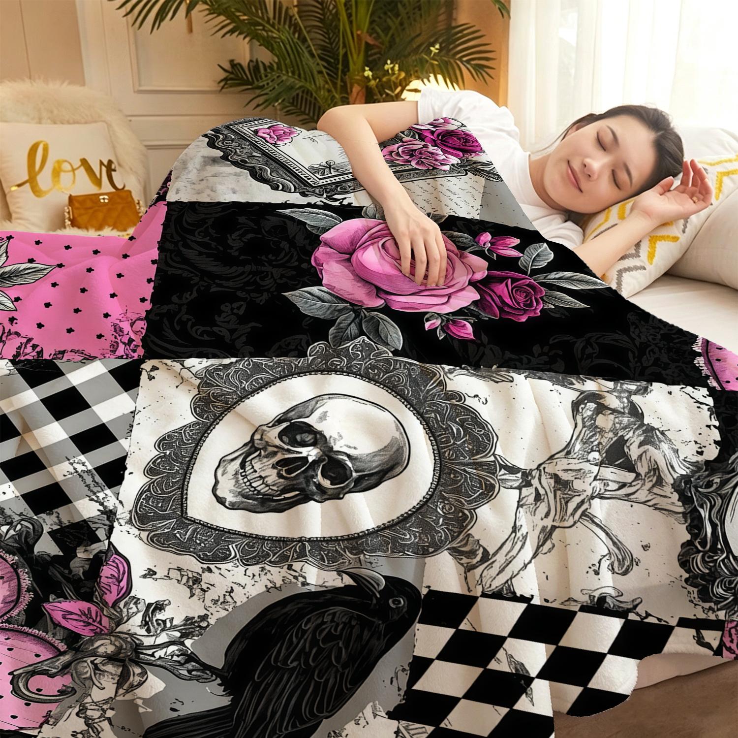 Pink Black Gothic Patchwork Print Flannel Throw Blanket - Harlequin, Gingham, Polka Dot Grids, Soft Fleece, Vintage Punk Skull Art, Raven, Hot Pink Roses, Cozy Lounging, Home House Room Decor, Ideal Gift for Alt Pastel Goth Lovers
