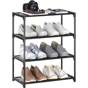 4-Tier Small Shoe Rack .Stackable Shoe Shelf Storage Organizer for Entryway Hallway Closet Bathroom Living Room (Black)
