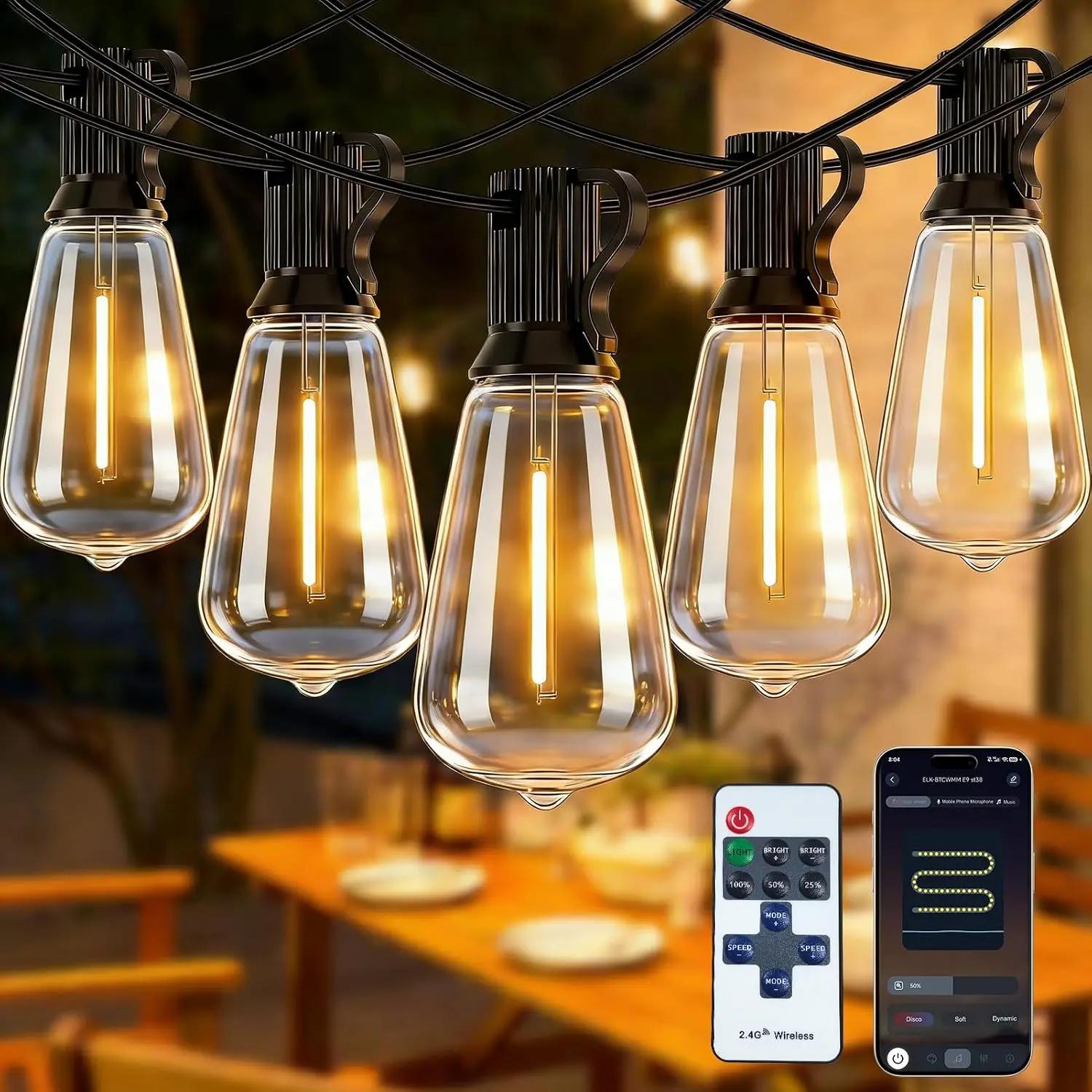 150ft Smart Outdoor String Lights with APP Remote,Shatterproof LED Bulbs, Remote-Controlled Adjustable,Powered Decking & Patio Lighting, Light Sensor-Activated, IR Remote Dimmable, Dusk-to-Dawn