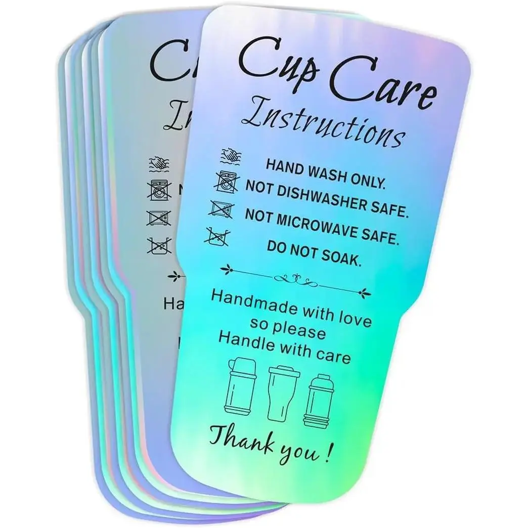 240-Count Holographic Tumbler Care Instructions Cards - 3.5x2 In (5x9 cm) Customer Direction Cards for Tumblers, Mugs, Small Business Online Shop Owners (Guides Proper Cleaning Methods), 2 X 3.5 Inches, 240 Cards