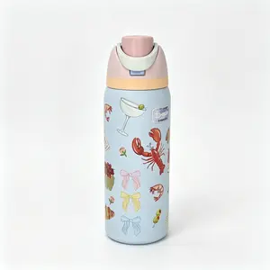 Owala 32oz Vacuum Insulated Stainless Steel Water Bottle with Flip Straw Cap, Fun Lobster & Bow Print Leakproof Travel Thermos for Office Gym Outdoor Sports