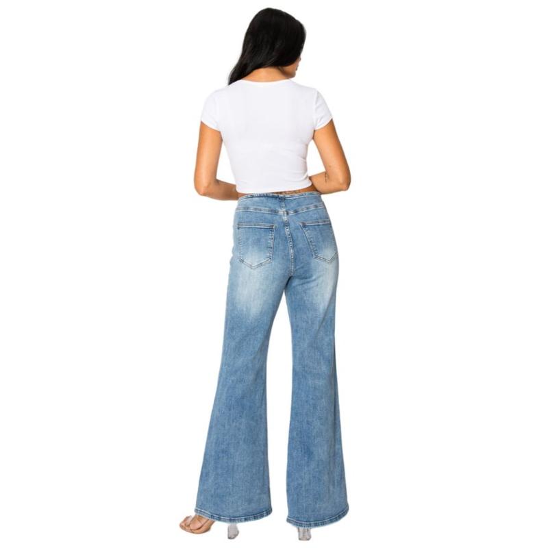 Vanessa CANANA Women's High Rise Stretch Flared Jeans - Mid Wash with Butterfly Embroidery, Minimalist Denim Pants SH25F04