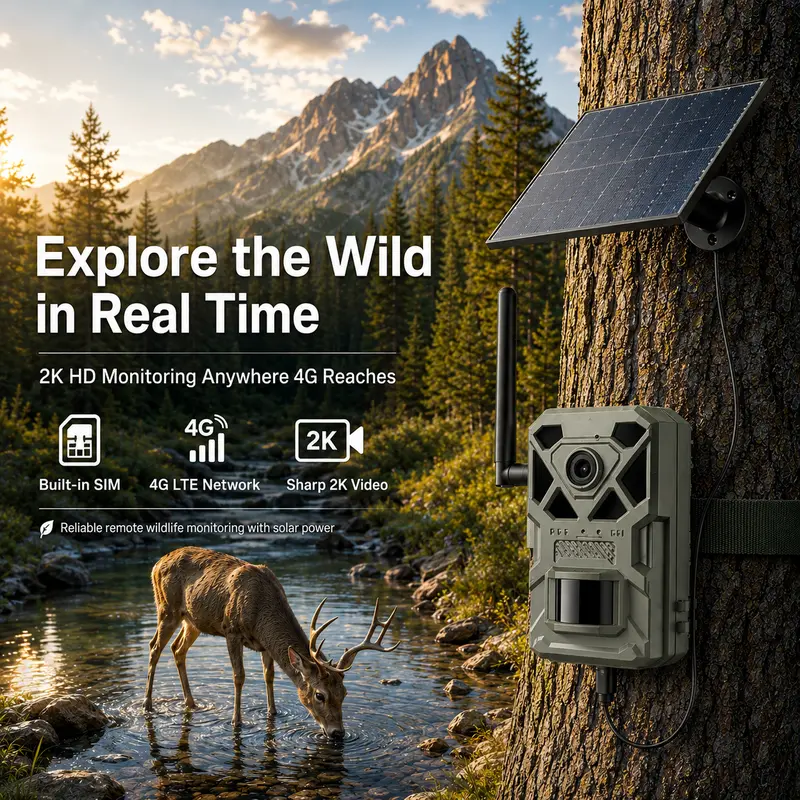 4G LTE Solar Powered Hunting Trail Camera for Hunters, Outdoor Wildlife Hunting App-Compatible Video Camera with Live Streaming, Built-in SIM Card, Motion Activation, Night Vision, Waterproof (Unlimited 4G Data Requires Data Refill; WiFi Not Supported)
