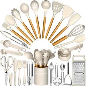 Kitchen Utensils Set- 34pcs Silicone Cooking Utensils with Holder, Heat Resistant Kitchen Utensil Spatula Set for Nonstick Cookware, Black Wooden Handles Kitchen Gadgets Tools Set Father Gift