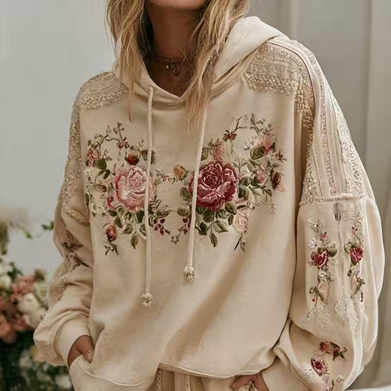 Vintage Beige Floral Embroidered Hoodie, Lace Patchwork Oversized Pullover, Boho Cottagecore Aesthetic Sweatshirt, Romantic Rose Embroidery Casual Streetwear for Women
