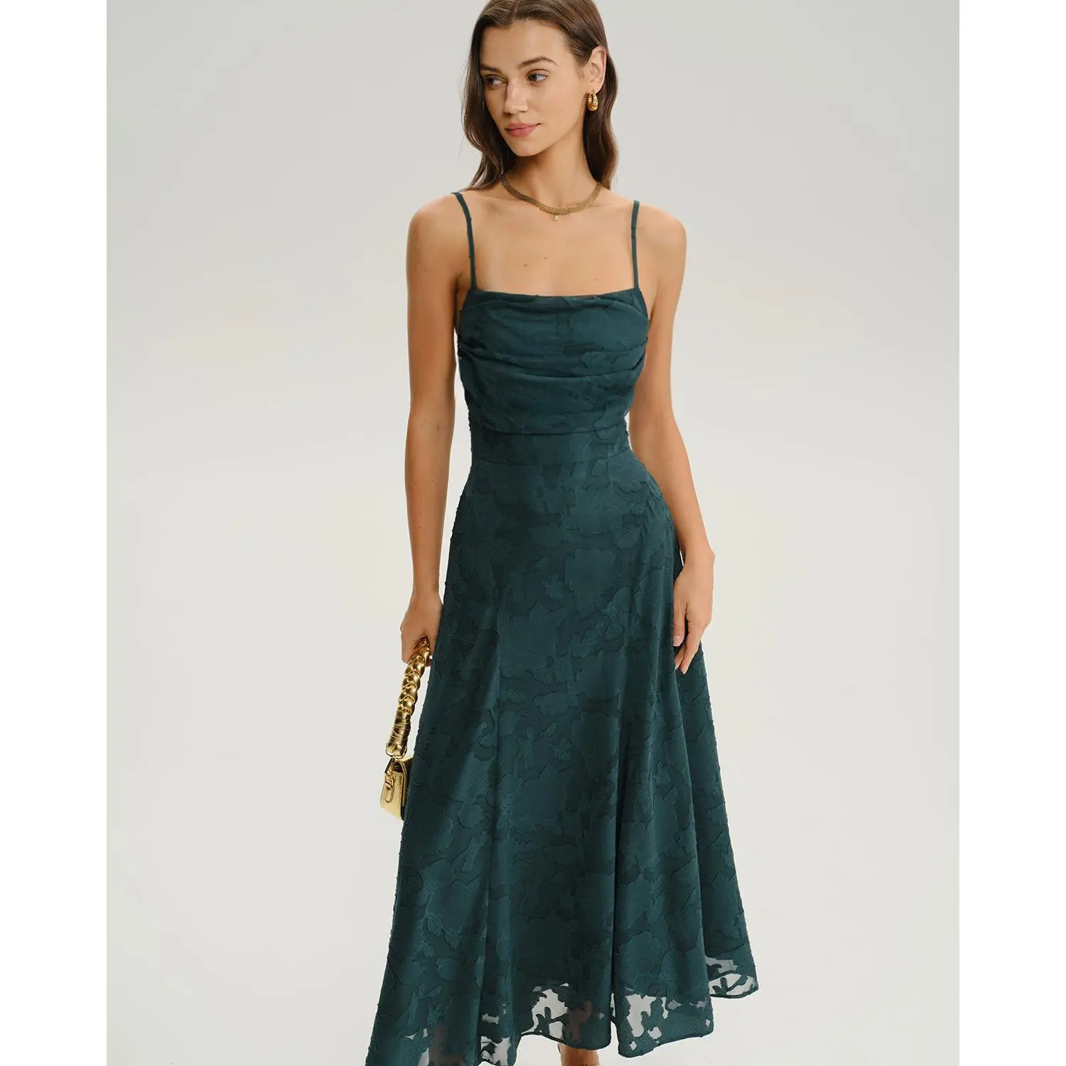 rihoas Women's Green Polyester Jacquard Waisted Square Neck Ruched A-Line  Sleeveless Slip Maxi Dress, Ideal for Formal Wear - TikTok Shop