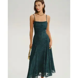 Rihoas Lady's Green Polyester Fabric Waisted Square Neck Ruched A-Line Sleeveless Slip Maxi Dress, Ideal for Formal Wear, Wedding Guest, Graduation