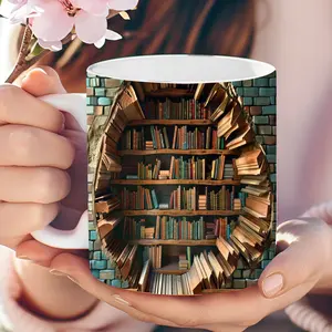 Bookshelf Printed 3D Style Mug, 3D Book Mug, Gift For Book Lover 11oz 15oz Coffee Ceramic Cup