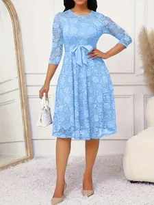 Spring Summer Women's Lace Dress, Sweet Lace Waist Cinching, St Patrick's Day Party, Wedding Season, Round Neck Lace, Medium Length
