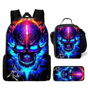 skull backpack three piece set printed primary and secondary school backpack meal bag pencil case