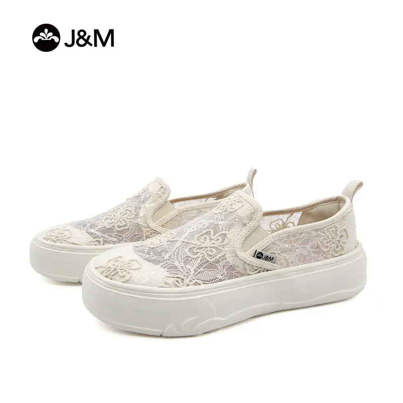 Joy & Mario Women’s Floral Lace Platform Slip-On Shoes, Breathable Sequin Mesh Casual Sneakers for Walking, Travel and Everyday Wear