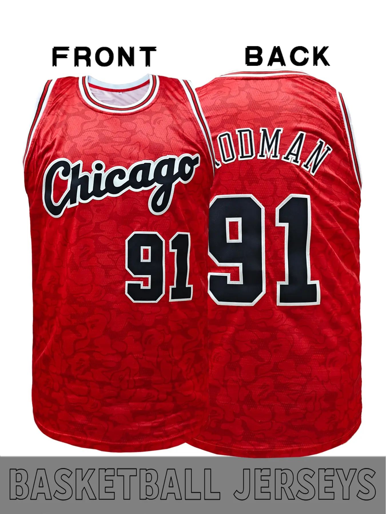 Chicago Basketball Jersey # 91 Embroidery Monkey Edition Tie-Dye Design, Red+Black Red Stripe Classic Retro Throwback Jersey Basketball Top, 90s Retro Style, Basketball Enthusiast Sportswear, Sleeveless Jersey, Athletic Tops