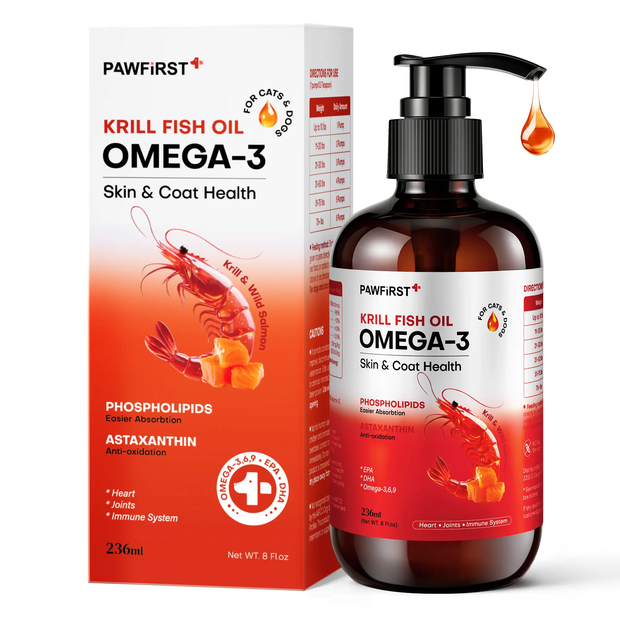 PawFirst Krill Fish Oil Supplement for Dogs & Cats, Norwegian Salmon Oil with Antarctic Krill, Phospholipids, EPA+DHA Support, Skin Coat Health, Itch Relief, Reduces Shedding, 8 oz, 24 Month Shelf Life