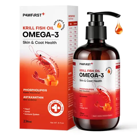 PawFirst Krill Fish Oil Supplement for Dogs & Cats, Norwegian Salmon Oil with Antarctic Krill, Phospholipids, EPA+DHA Support, Skin Coat Health, Itch Relief, Reduces Shedding, 8 oz, 24 Month Shelf Life