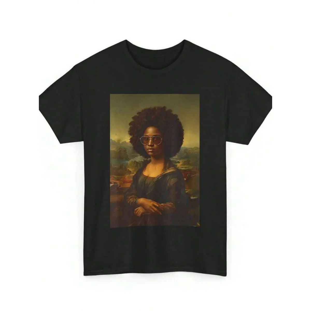 Women's Mona Lisa Afro Graphic Army T-Shirt - 100% Natural Cotton Vintage Washed Short-Sleeve Crew Neck Top, Ribbed Collar, Comfortable Regular Fit, Breathable, Customizable, XL, for Everyday & Wedding Parties Use