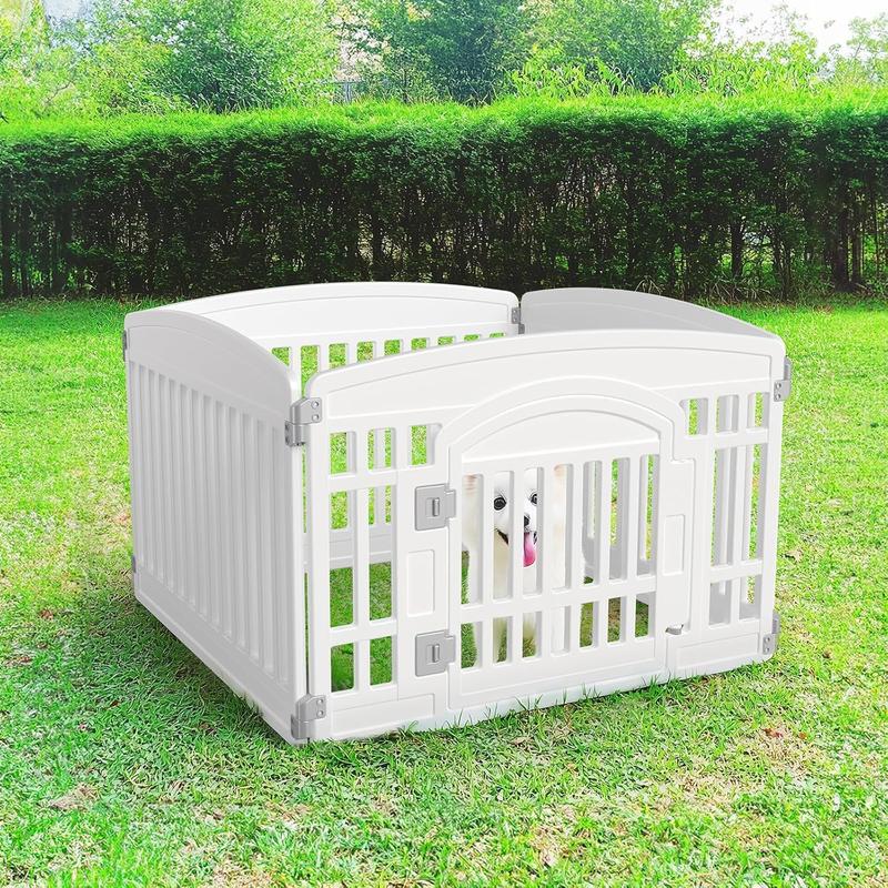 Plastic Dog Playpen - 4-Panel 24" Expandable & Durable Pet Fence for Medium Dogs - Indoor & Outdoor Portable Puppy Playpen with Secure Locking Door, White