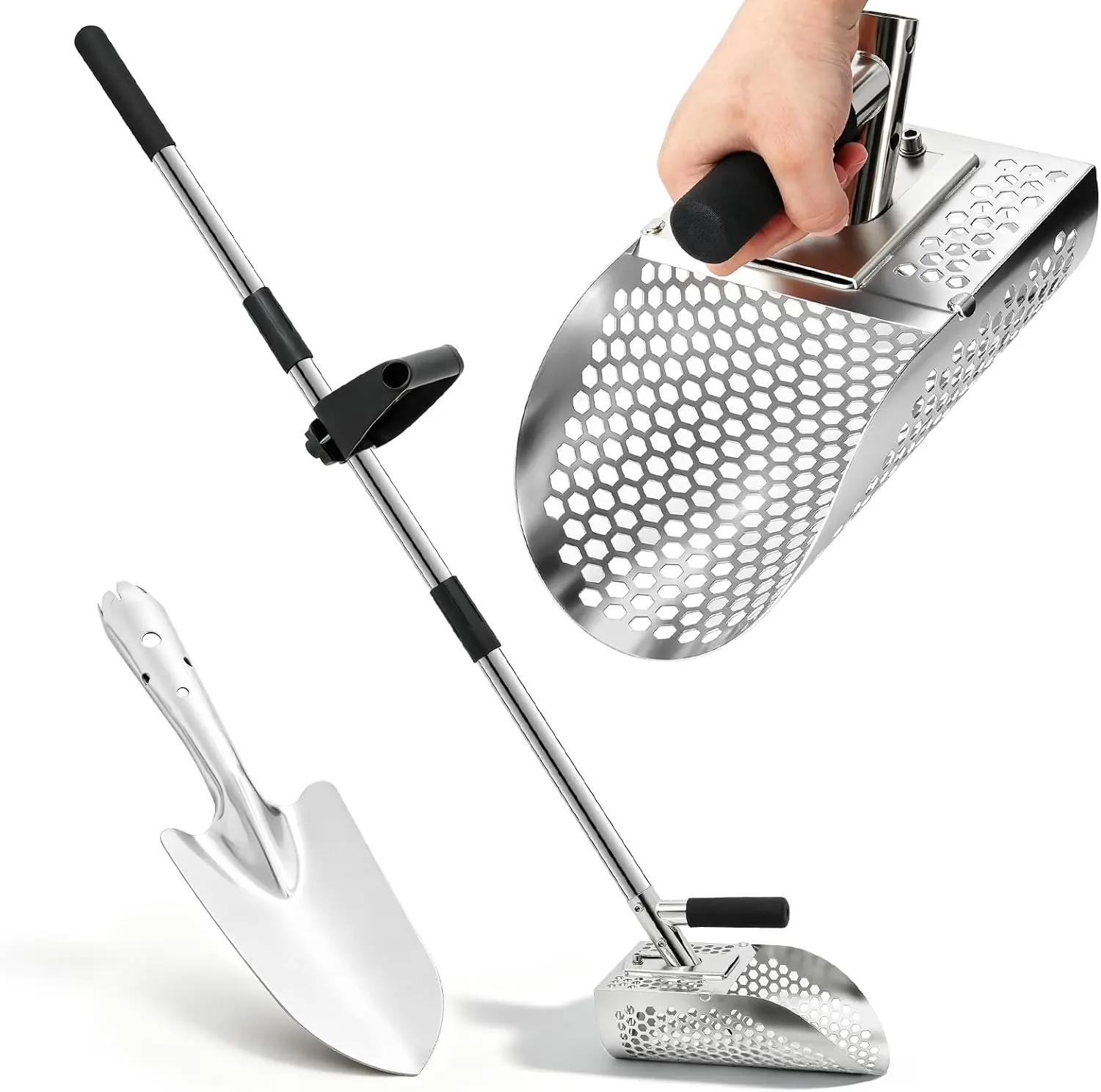Long Handle Sand Scoop, Stainless Steel Shovel Scoop for Metal Detecting for Adults, Shovel Underwater Treasure Hunting, Adjustable Length, Handheld with Long Steel Handle Pole Design, 45 Inches