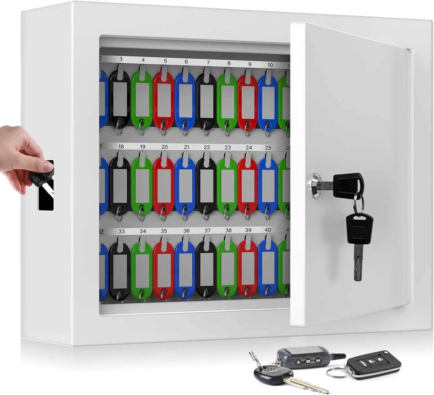 75 Keys White Key Lock Box, Anti-Theft Key Cabinet with Key Tags, Key Organizer Wall Mount for Car Garage House Rental Office Business