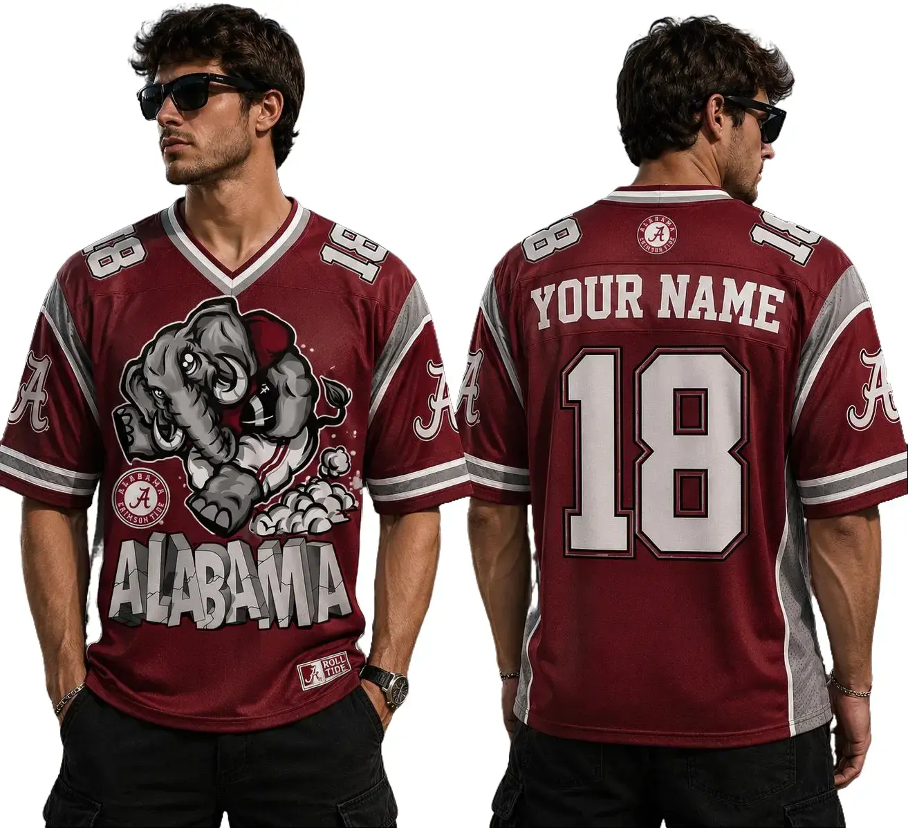Personalized Alabama Football Jersey, Crimson White V-Neck Mesh Shirt, Custom Name Patch
