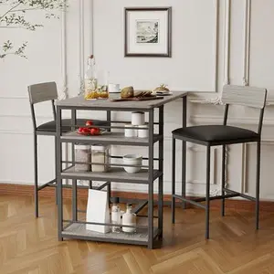 3-Piece Counter Height Dining Table Set for 2 with Storage - Kitchen Bar Table & 2 Upholstered Chairs, Small Space Furniture for Apartments, Studios, Breakfast Nook, Grey