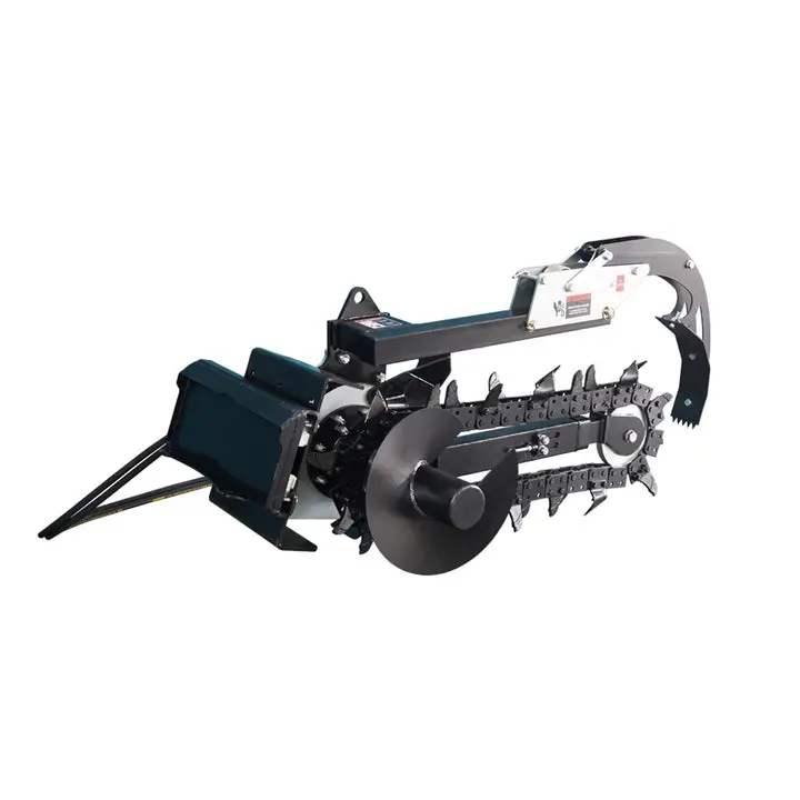 Mini Skid Steer Trencher Attachment with Quick Attach, 20 gpm Flow, 2176 psi, Adjustable Depth Control, 3 Chain Options, Manufactured In-House, 23.4in, 37.32''x56''x70.35'', 679lb Ground Digging Tool for Concrete/Rock, Pipe Laying