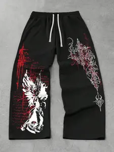 Men's Loose-Fit Street Style Joggers Pants, Elastic Waistband, Side Pockets, Thorn Angel Print, Casual Daily Wear, Casual Athletic Jogging