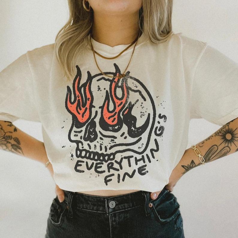 Comfort Colors Everything Is Fine Shirt Skull Tee Boho Vintage Tee Trendy Graphic Tee Skull Rebel Rock n Roll Grunge Edgy Outfit Boho Hippie
