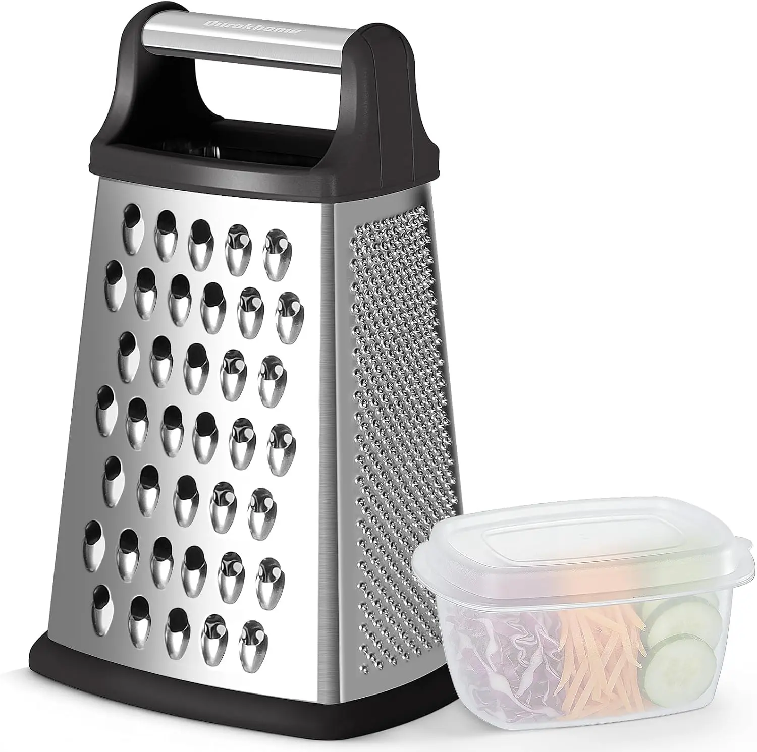 Cheese Grater, Handheld Box Grater with Container & Lid, 4-Sided Stainless Steel for Kitchen, Wavy Julienne, Slicer, Coarse Shred & Fine Zester, Non-Slip Base, Dishwasher Safe, 8 Inch