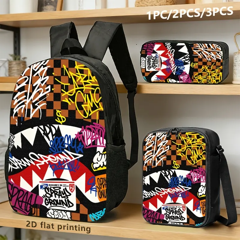 This Series of Backpacks, SThe backpachoulder Bags, And Storage Bags Features Street Graffiti Style Prints, Combining Checkerboard Patterns with Multicolored Spray-Painted Fonts, Showcasing a Trendy And Avant-Garde Visual Design Aimed at Urban Individuals