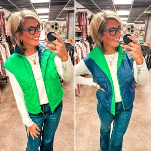 Stay Out All Night Reversible Puffer Vest - Navy/Green