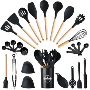 28-Piece Non-Stick Silicone Kitchen Utensil Set, Wooden Handles, Heat Resistant, Easy Clean, Ideal for BBQ and Outdoor Picnics