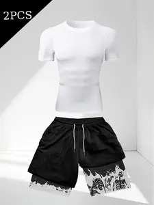 Men's Round Neck Slim Fit T-Shirt and Skull Print Layered Gym Shorts Set, Breathable Quick Dry, Adjustable Waistband, Patchwork Design, Workout Sets