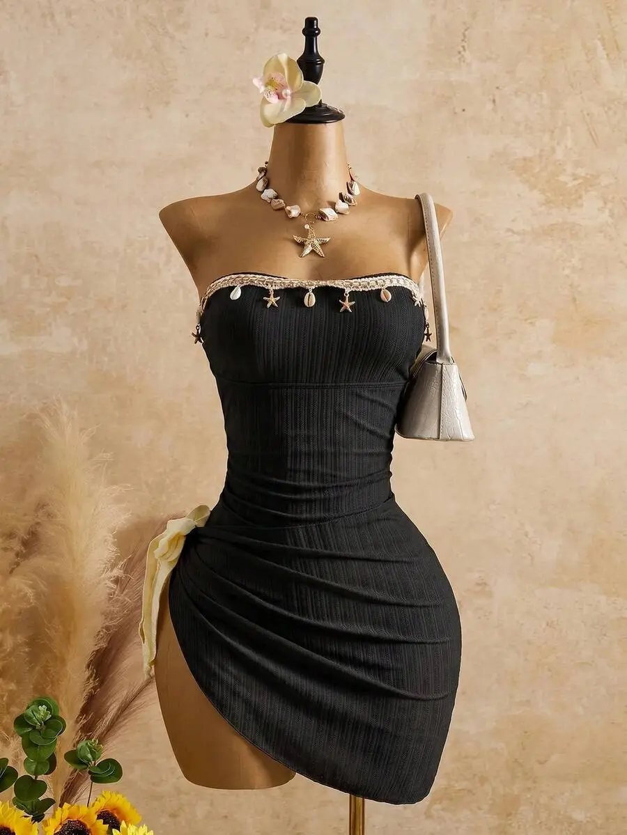[Royalty Brand Clothing] Women's White Summer Casual Holiday Pool Party Vacation Holiday,Elegant Strapless Corset Mini Dress,Jacquard Pleated Boho Retro Wedding Guest Dress