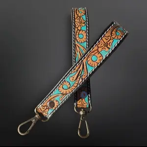 Tooled Leather Wrist Strap Keychain with Turquoise and Brown Floral Patterns and Metal Hooks