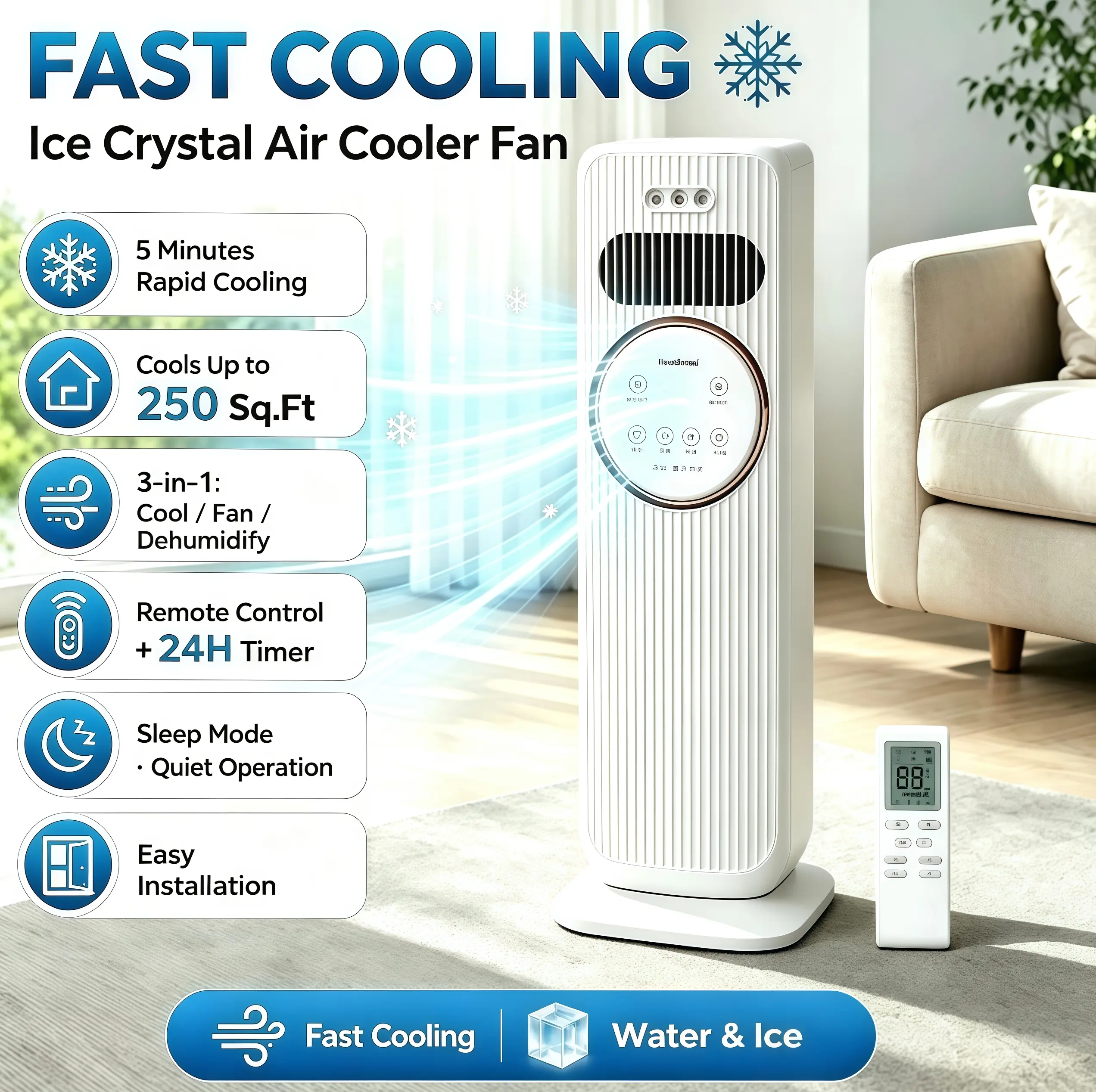 【Summer Gift】2026 New Arrival Portable Ice Crystal Air Cooler Fan（Water & Ice）Ultra Quiet Fast Cooling Mobile AC, Smart 24H Timing Energy Efficient, Suitable for Bedroom Office Living Room, Comfort Cool All Day, TikTok Mid Year Sale, Must Have For Summer,