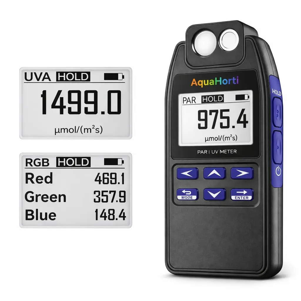 AH-Quantuv PAR Meter,Test PPFD(400-750nm) and UVA(320-400nm) Irradiance Intensity.Show The Seperate PAR of R,G,B in Grow Light. Record PAR | UVA